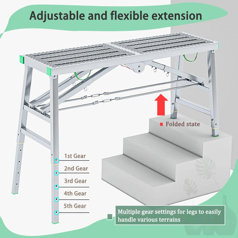 Heavy Duty Folding Scaffold Tower With Adjustable Height And Non Slip Deck Built Like A Tank For Sure Fire Work Access On Paint Or Drywall Jobs That Demand Extra Muscle And Reliable Stability Daily, shown in adjustable position.