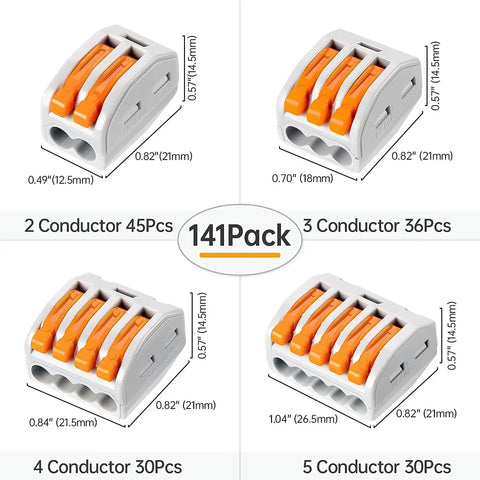 141 Piece Lever Wire Connectors Kit for Solid, Stranded and Flexible Wires 28 12 AWG Orange, Easy Splice connectors shown