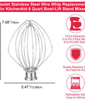 Heavy Duty 6-Wire Stainless Steel Whisk for 6 Qt Bowl-Lift Stand Mixers, dishwasher safe, dimensions shown, no residue.