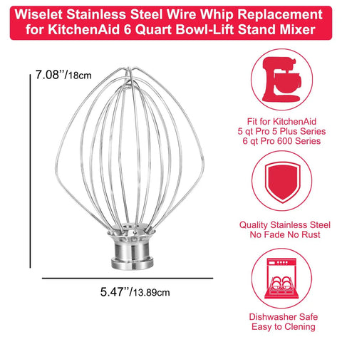 Heavy Duty 6-Wire Stainless Steel Whisk for 6 Qt Bowl-Lift Stand Mixers, dishwasher safe, dimensions shown, no residue.