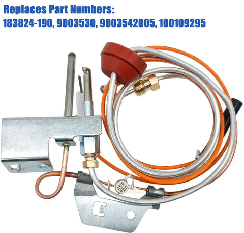 Front view: replacement pilot assembly for natural gas water heater showing copper tubing and metal bracket.