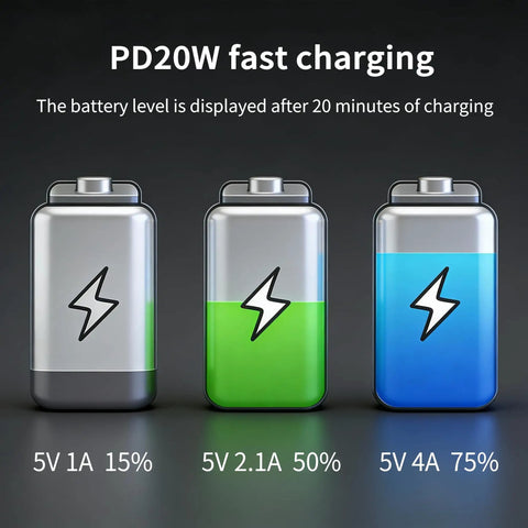Battery charging indicators showing PD20W fast charging capabilities, displaying levels at 15%, 50%, and 75%.