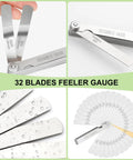 Stainless steel 32-blade feeler gauge collage showing front blades, side lever, and metric/imperial scales