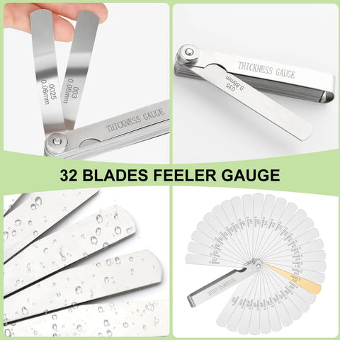 Stainless steel 32-blade feeler gauge collage showing front blades, side lever, and metric/imperial scales