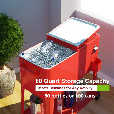 80 Quart Rolling Patio Cooler Cart With Drain, Locking Wheels, Bottom Storage Shelf, Bottle Opener And Cap Catcher, Red