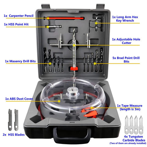Adjustable Hole Saw Cutter Kit From One And Five Eighths Inch To Eight Inches With Twin Blade and ABS Dust Shield in case