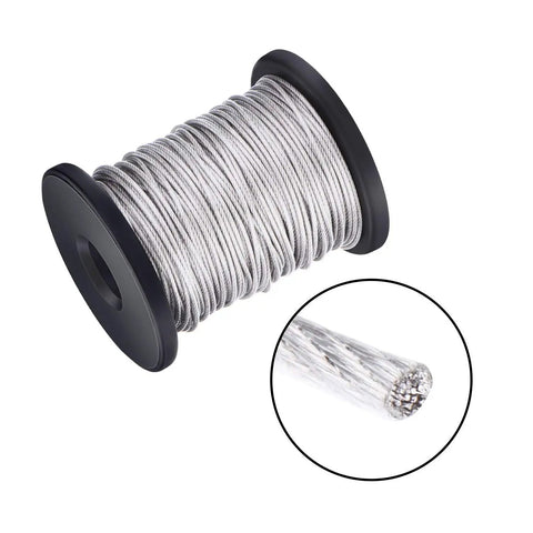 Vinyl Coated Stainless Steel Picture Hanging Wire Rope Cable Kit With Fifty Aluminum Crimp Sleeves Ten Thimbles And Fifty D Ring Hangers One Sixteenth Inch Diameter Ninety Eight Feet Long For Heavy Duty Gallery Hanging spool close-up