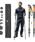 Pair Of Adjustable Trekking Poles With Aircraft Grade Aluminum, Cork Grip, EVA Extended Grip in Bright Orange, shown with accessories and a model.