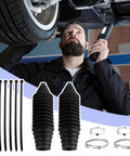 Mechanic installing Tie Rod Boot Kit with pinion bellows, cable ties, and clamps for steering system protection, silicone material shown