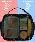 Unisex Insulated Lunch Bag With Shoulder Straps, Cool Portable Cooler Tote For Work, School, Travel And Kids, Keeps Meals Fresh With Premium Aluminum Lining, Ample Main Compartment And Side Pockets; black insulated lunch bag with visible food containers