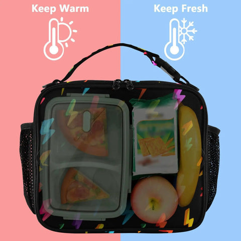 Unisex Insulated Lunch Bag With Shoulder Straps, Cool Portable Cooler Tote For Work, School, Travel And Kids, Keeps Meals Fresh With Premium Aluminum Lining, Ample Main Compartment And Side Pockets; black insulated lunch bag with visible food containers