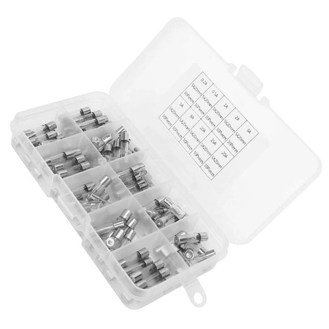 Straight Up 5Mm By 20Mm Glass Fuse Assortment Kit 100 Piece Clear Tube Collection with fuses in a clear storage box.