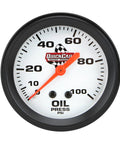 Front view of QuickCar Racing Products 611-6003 2-5/8in oil pressure gauge with white dial, black bezel, orange needle.