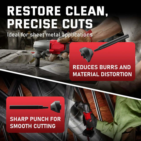 Pro Grade 16 Gauge Punch And Die Replacement Set displayed with electric cutter, ideal for smooth sheet metal cutting.