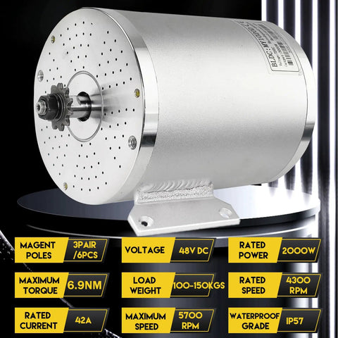 Beast 48V 2000W Brushless Go Kart Motor with 5700RPM Max Speed, 6.9Nm Torque, front view with technical specifications