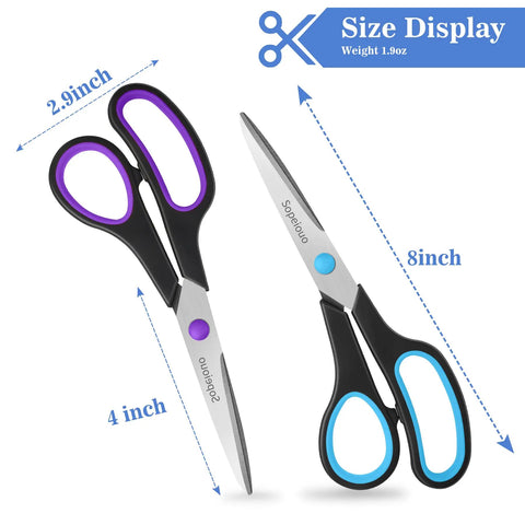 Six Pack Eight Inch Scissors With Sharp Stainless Steel Blades And Comfort Grip For Everyday Use Heavy Duty All Purpose Craft Scissors For Paper Cardstock Fabric Photos Ribbon Foam Cardboard, size display