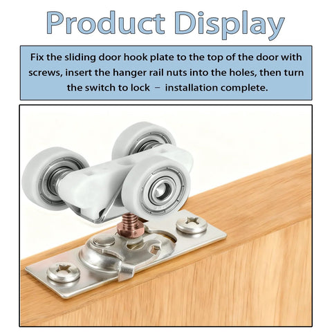 H530 Sliding Pocket Door Roller Assembly 2 Pack With Top Hanger Replacement Wheels installed on wood surface