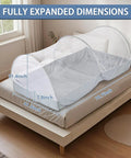 Portable Pop Up Bed Tent Mosquito Net For Travel And Camping, showing expanded dimensions on bed with hexagon mesh.