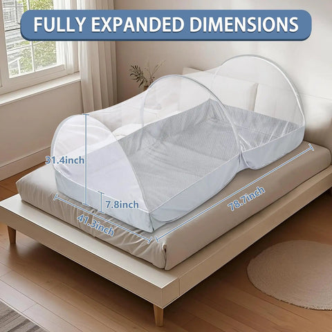 Portable Pop Up Bed Tent Mosquito Net For Travel And Camping, showing expanded dimensions on bed with hexagon mesh.