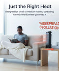 Oscillating Ceramic Tower Space Heater with Adjustable Thermostat and Two Quiet Heat Settings on side table
