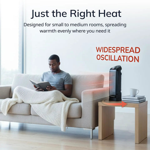 Oscillating Ceramic Tower Space Heater with Adjustable Thermostat and Two Quiet Heat Settings on side table