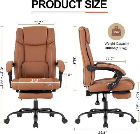 Boss Level Comfort Reclining Office Chair with Footrest showing dimensions and weight capacity, front and side view