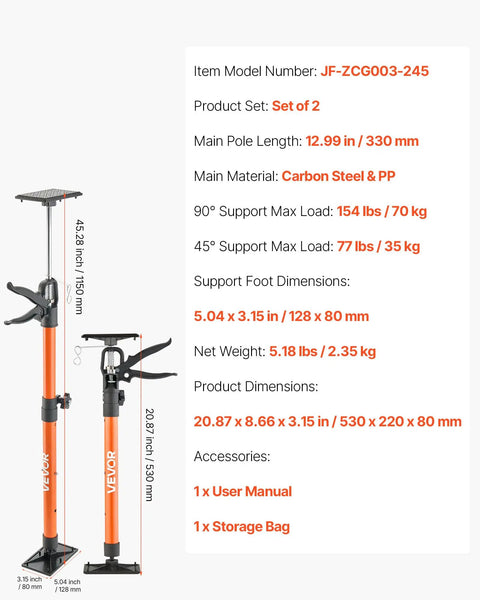 Sturdy Telescopic Support Pole For Cabinets, 2-Pack Steel Third Hand Tool adjustable length poles with a 154 lbs capacity for shelf support.
