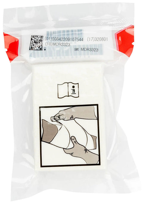 Packaging of Compressed Rolled Gauze Bandage For Wounds with instructional diagram, Ultra Compact Crinkle Cotton Six Ply Sterile.