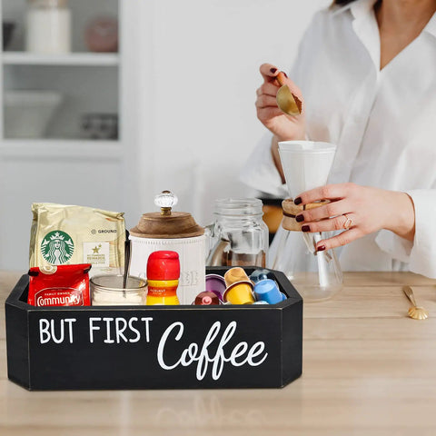 All In One Coffee Station Organizer For Countertops And Bar Accessories Holds K Cup Pods Syrups Sugar Stirrers And More Black Finish Storage Bin For Home Kitchen Decor And Easy Grab on kitchen counter