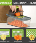 Ourokhome 6-in-1 mandolin slicer, gray with hand guard; shredding carrot into clear storage container