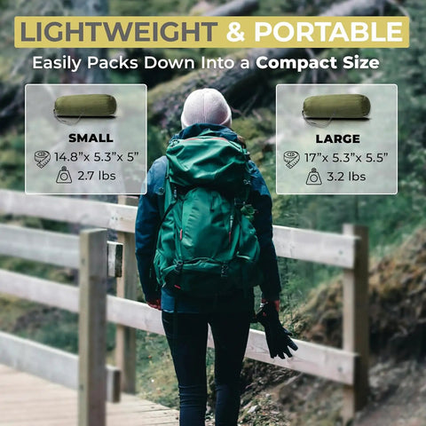 Hiker with backpack on trail, showcasing Ultralight Camping Hammock With Mosquito Net And Rain Fly, Easy Setup, compact size options