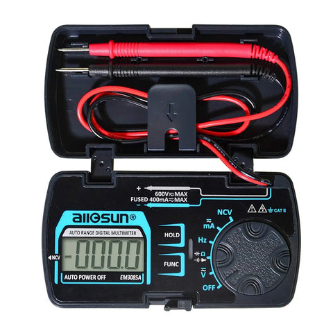 Auto Ranging Pocket Digital Multimeter, Tiny Handheld Travel Meter For DC And AC Voltage, Current, Resistance, Black Case Open View