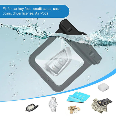 Image of Two Pack Submersible Waterproof Key Fob Case And Small Pouch floating in water with car key and various items.