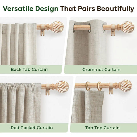Wood Curtain Rod 1 Inch Rugged Heavy Duty Drapery Rod With Imitation Wood Grain Leaf Pattern Finials Adjustable 32 To 120 Inches