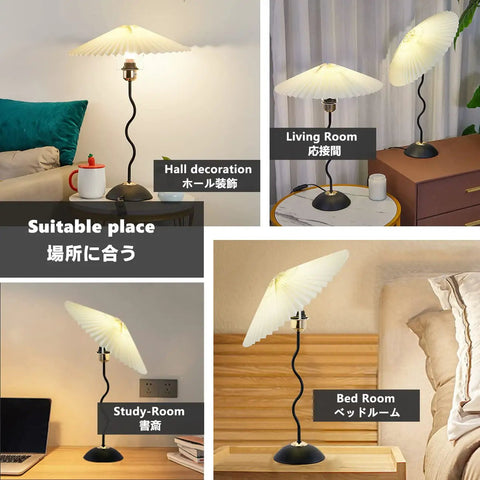 Harp Folding Lamp Set Two Pieces, Modern Umbrella Pleated Desk Lamp With White Shade, shown in various room settings.