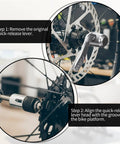 Installation of Rapid Dope Quick Release Wheel Skewer For Indoor Bike Trainers on rear axle, showing step-by-step guide.