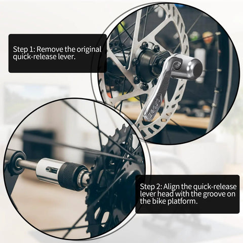 Installation of Rapid Dope Quick Release Wheel Skewer For Indoor Bike Trainers on rear axle, showing step-by-step guide.