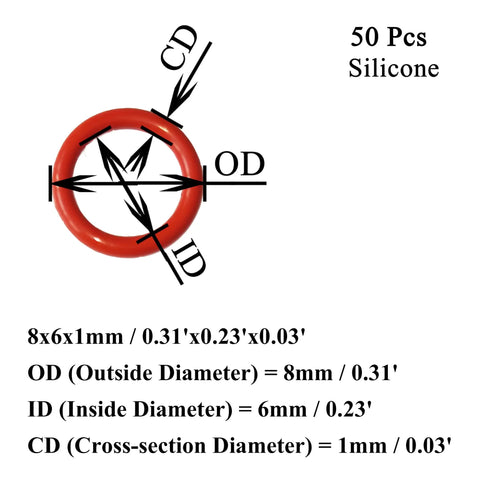Red Silicone O Rings 8mm Outer Diameter 6mm Inner Diameter 1mm Cross Section VMQ Food Safe Sealing Gasket diagram