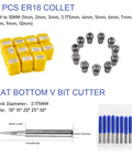 11-piece ER16 collet set and V bit cutter for CNC spindle motor kit, featuring various sizes and bit angles for precision milling.
