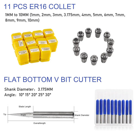 11-piece ER16 collet set and V bit cutter for CNC spindle motor kit, featuring various sizes and bit angles for precision milling.