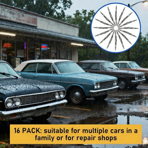 All Season Silicone Windshield Wiper Blades 22 Inch 16 Pack displayed on parked cars in the rain, highlighting bulk set for car maintenance.