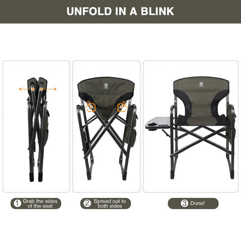 Aluminum Lightweight Folding Director Chair With Side Table And Storage 350 Lbs Pro Grade Heavy Duty Camping Chair 19 Inch Joint Friendly Height showing folding process.