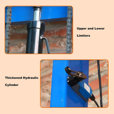 Close-up of upper and lower limiters and thickened hydraulic cylinder of Heavy Duty Hydraulic Lift Platform With 1000 Kg Capacity.