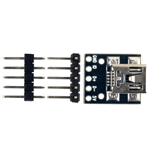 Mini USB Breakout Board Female Connector 5 Pins 0.1 Inch Pitch 150 Mils PCB Converter Board With Straight And 90 Degree Pin Headers Pack Of 10