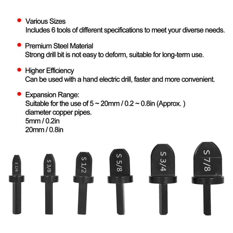 Top Quality 6 Piece Copper Pipe Swaging Drill Bit Set With Triangle Handle Tube Expander Tool Kit For Air Conditioning And Conduit Work Featuring various sizes of strong steel drill bits.