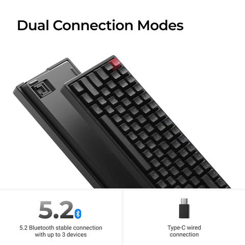 Top Shelf 75 Percent Wireless Mechanical Keyboard Featuring Backlit Double Shot PBT Keycaps And Bluetooth 5 2 Compatibility For Smooth Super Red Linear Switch Typing That Goes Hard, showing dual connection modes.