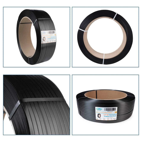 Top Tier 1/2 X 7200 Ft Polypropylene Strapping Roll With 600 Lb Break Strength, showcasing black embossed PP banding.