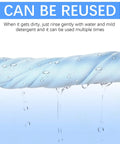 Front view of blue microfiber glasses cleaning cloth with CAN BE REUSED banner and water droplets.