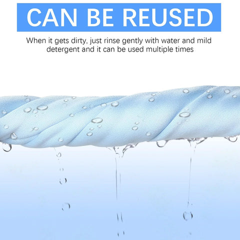Front view of blue microfiber glasses cleaning cloth with CAN BE REUSED banner and water droplets.