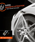 Rechargeable Magnetic LED Flashlight With 1200 Lumens, 90 Degree Twist Head, attached to car wheel, demonstrating magnetic base